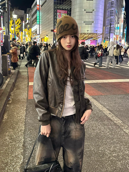 ヴィンテージレザータッチジップブルゾン