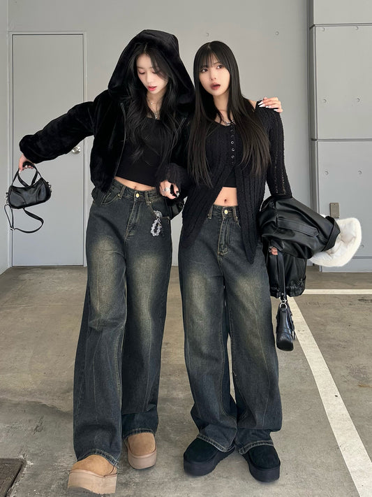 High waist washed denim pants