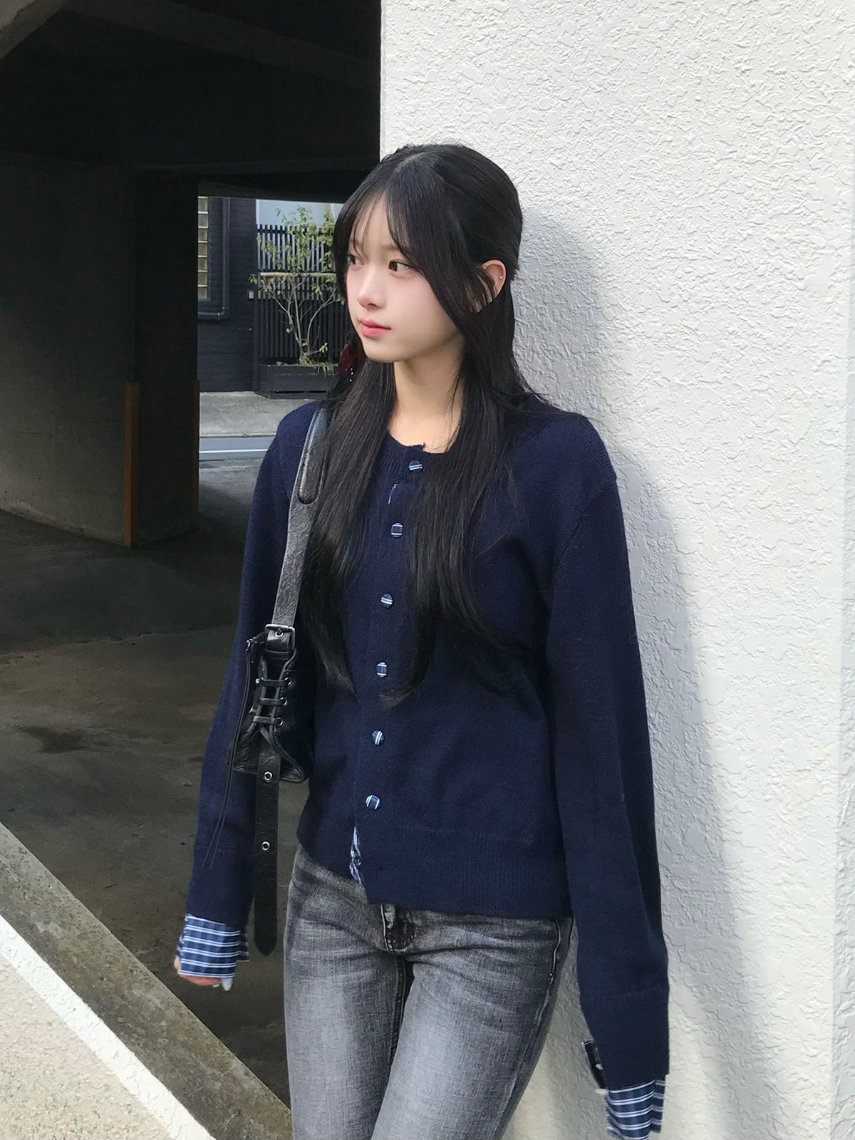 クルミボタンチェックニットカーディガン