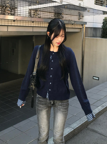 クルミボタンチェックニットカーディガン