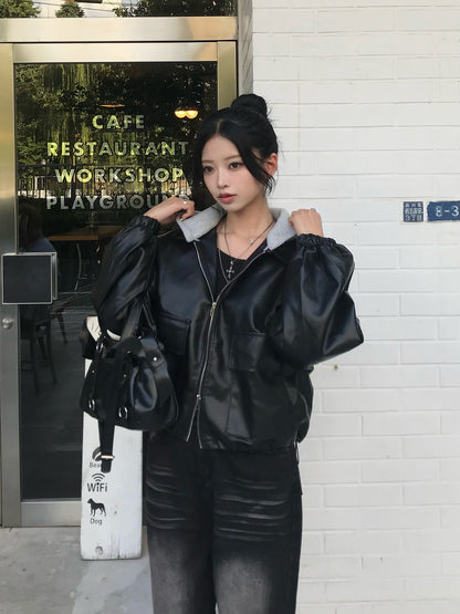 フーディーレザータッチジャケット