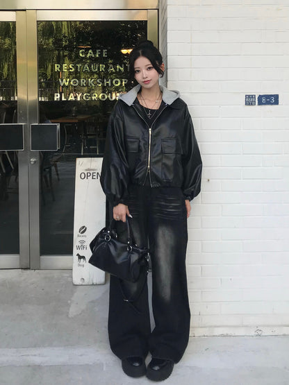 フーディーレザータッチジャケット