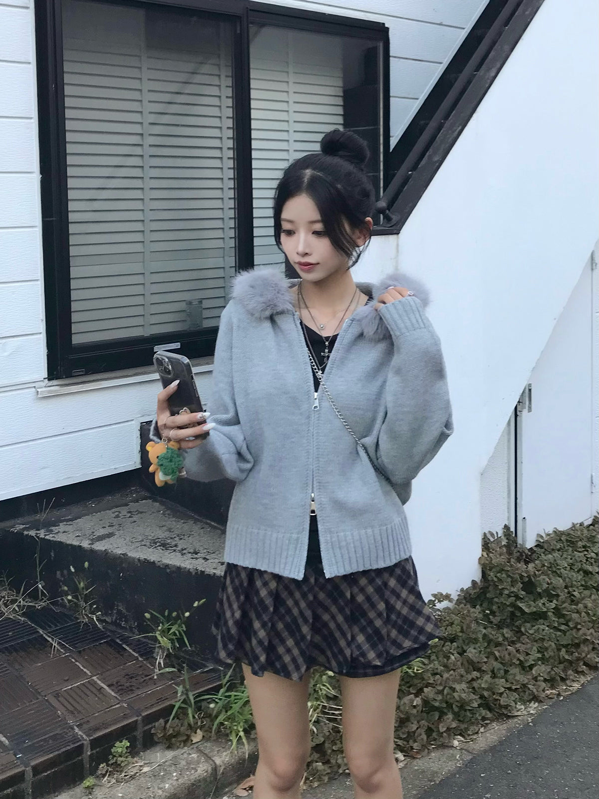 ファータッチ连帽双拉链针织衫