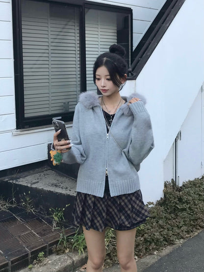 ファータッチ连帽双拉链针织衫