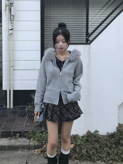 ファータッチ连帽双拉链针织衫