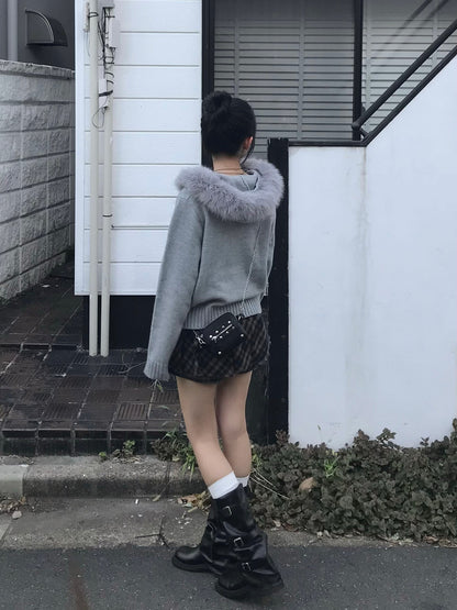 ファータッチ连帽双拉链针织衫