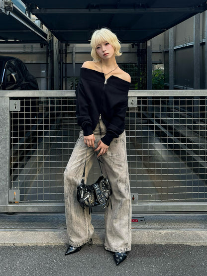 オフショルダブルジップニット