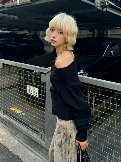 オフショルダブルジップニット