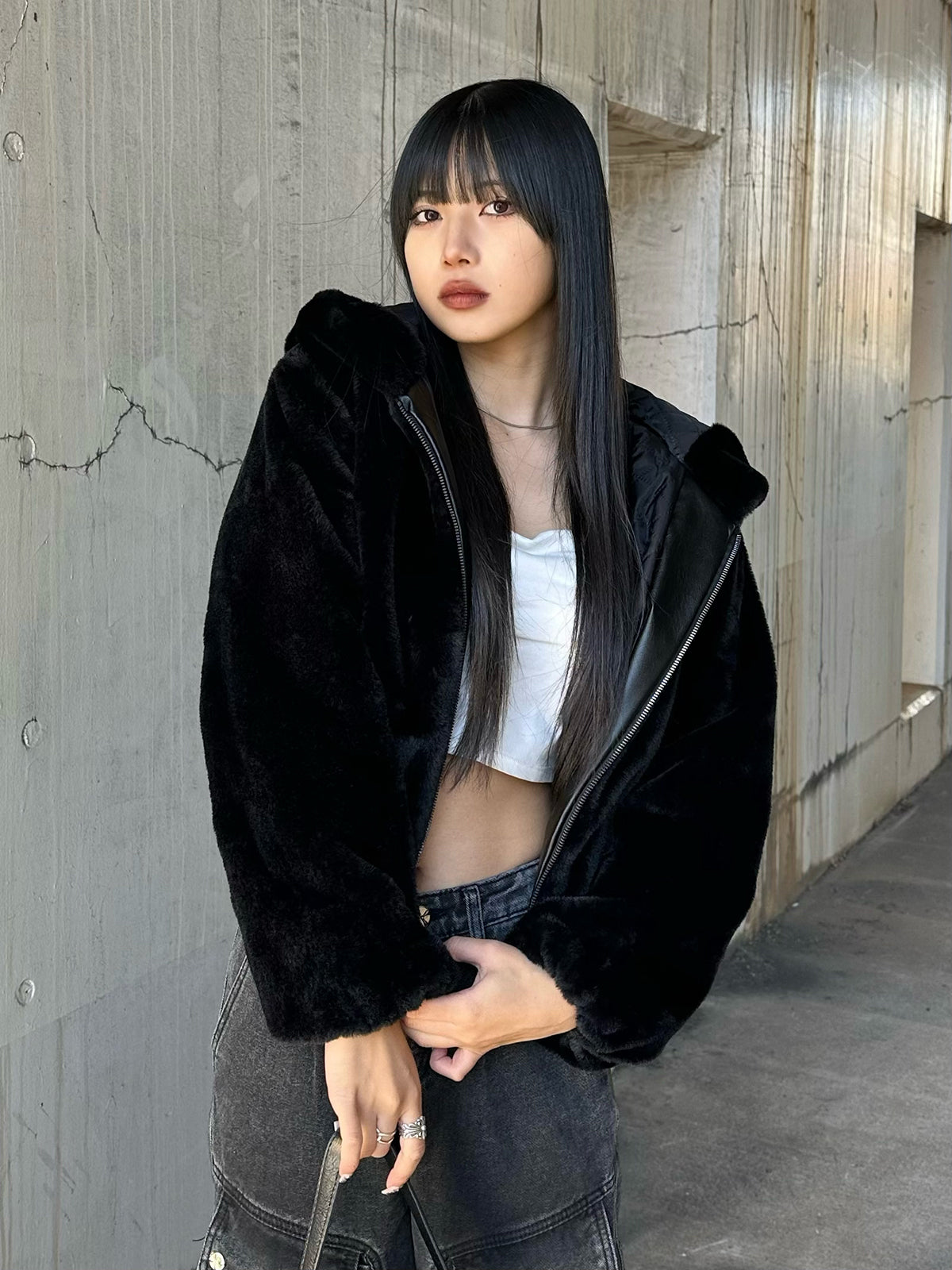 Faux Fur Touch Hoodie Blouson