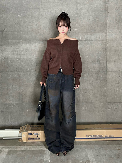 オフショルダブルジップニット