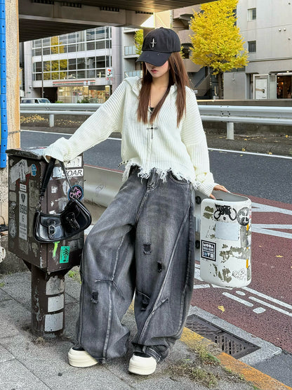 ダメージフリンジニットパーカー