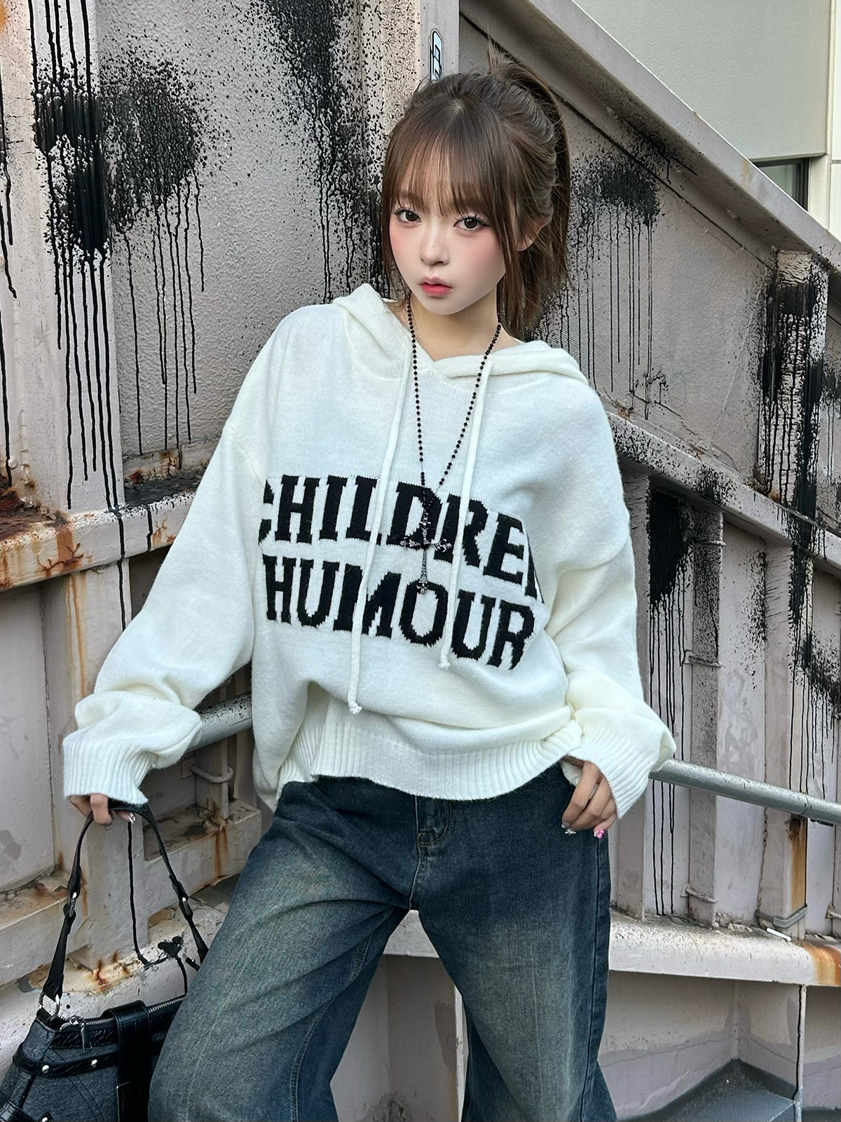 字母标志连帽针织衫