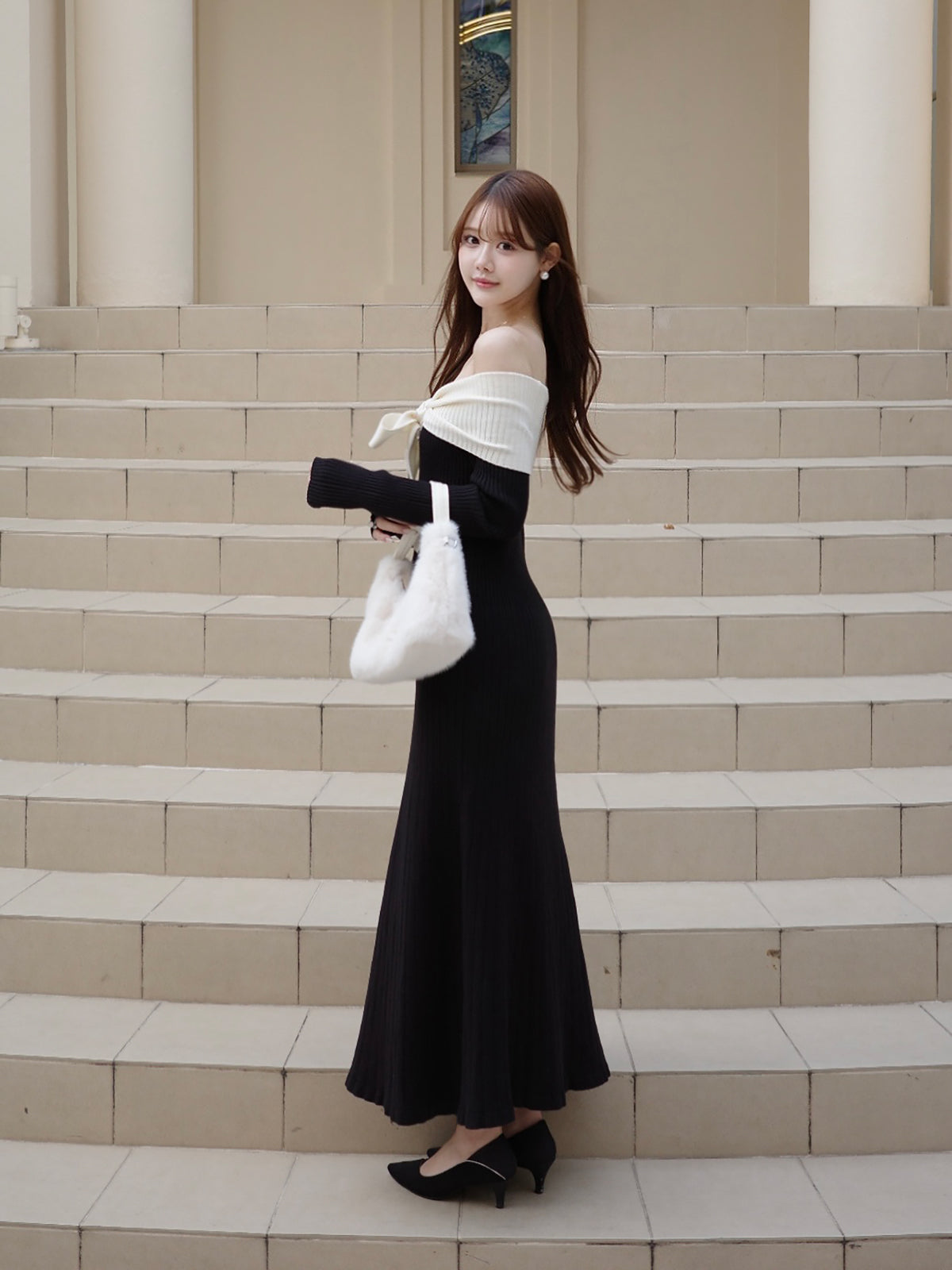 リボンオフショルリブニットワンピース