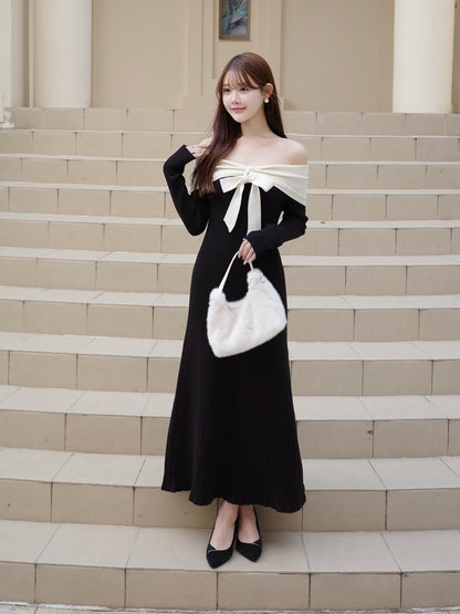 リボンオフショルリブニットワンピース