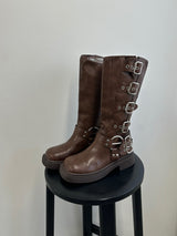 Belt design biker boots - Brown