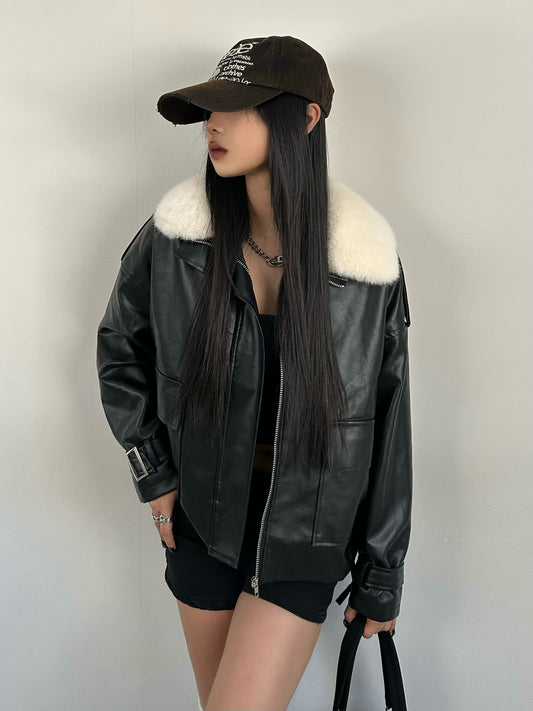 Faux Fur Color Leather Touch Jacket