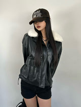 Faux Fur Color Leather Touch Jacket - Black