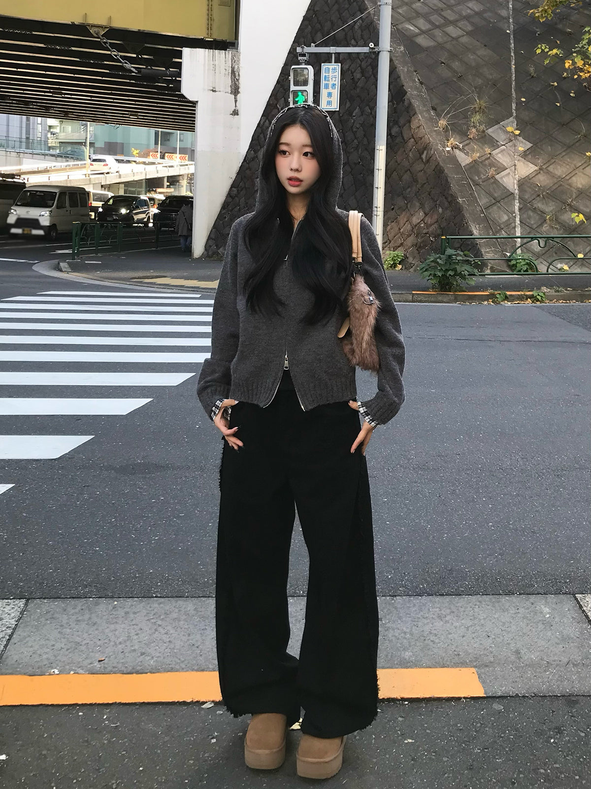 チェックフリルダブルジップニット